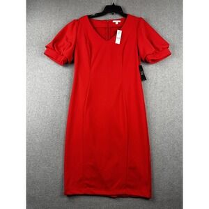 New York & Company Dress Womens Large Red Puff Sleeve V-Neck Sheath Stretch NWT